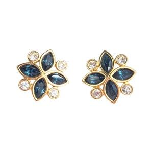 Vtg Swarovski Blue‎ Clear Crystal 90s Pave Gold Tone Flower Post Earrings